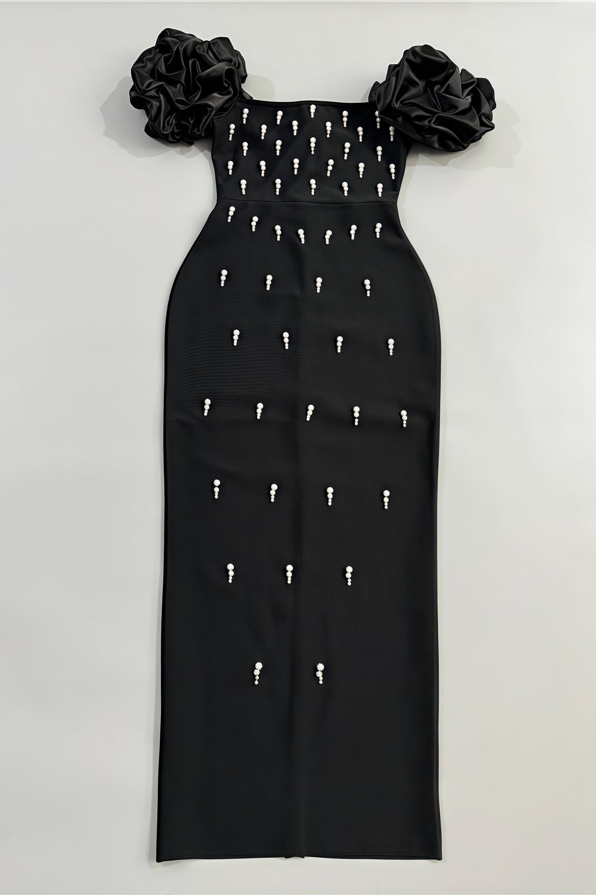 Off Shoulder Ruffle Sleeve Faux Pearl Embellished Bandage Maxi Dress 5