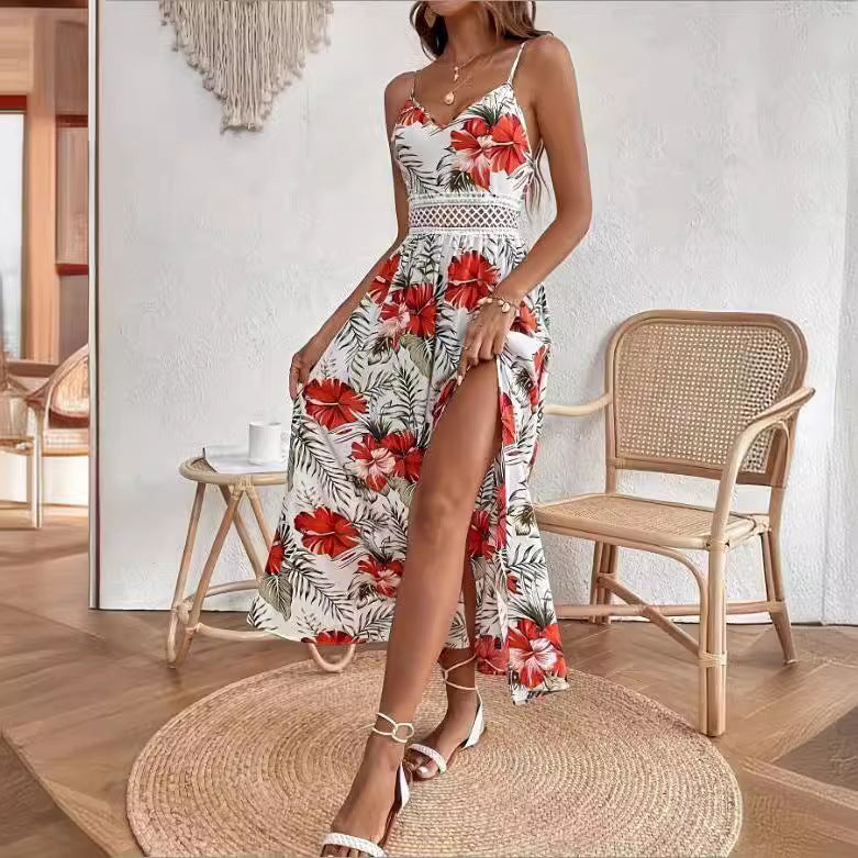 Floral Spaghetti Strap Cut Out High Split Maxi Dress