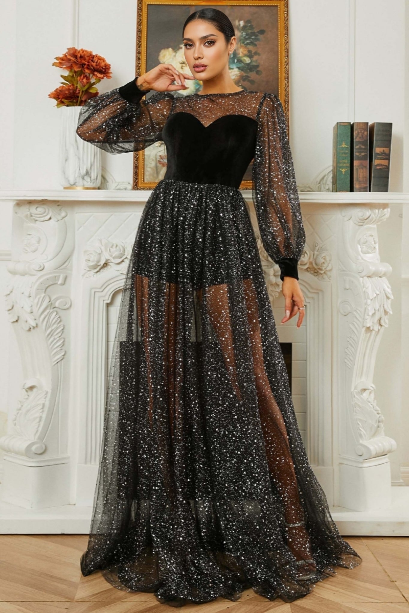 Caspian Sequin Mesh Maxi Dress - View 2