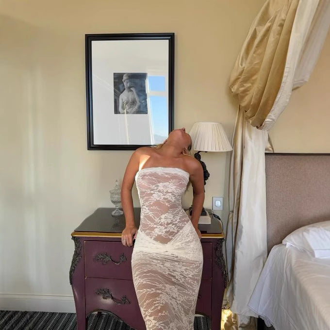Sheer Lace Strapless Tube Bodycon Maxi Dress