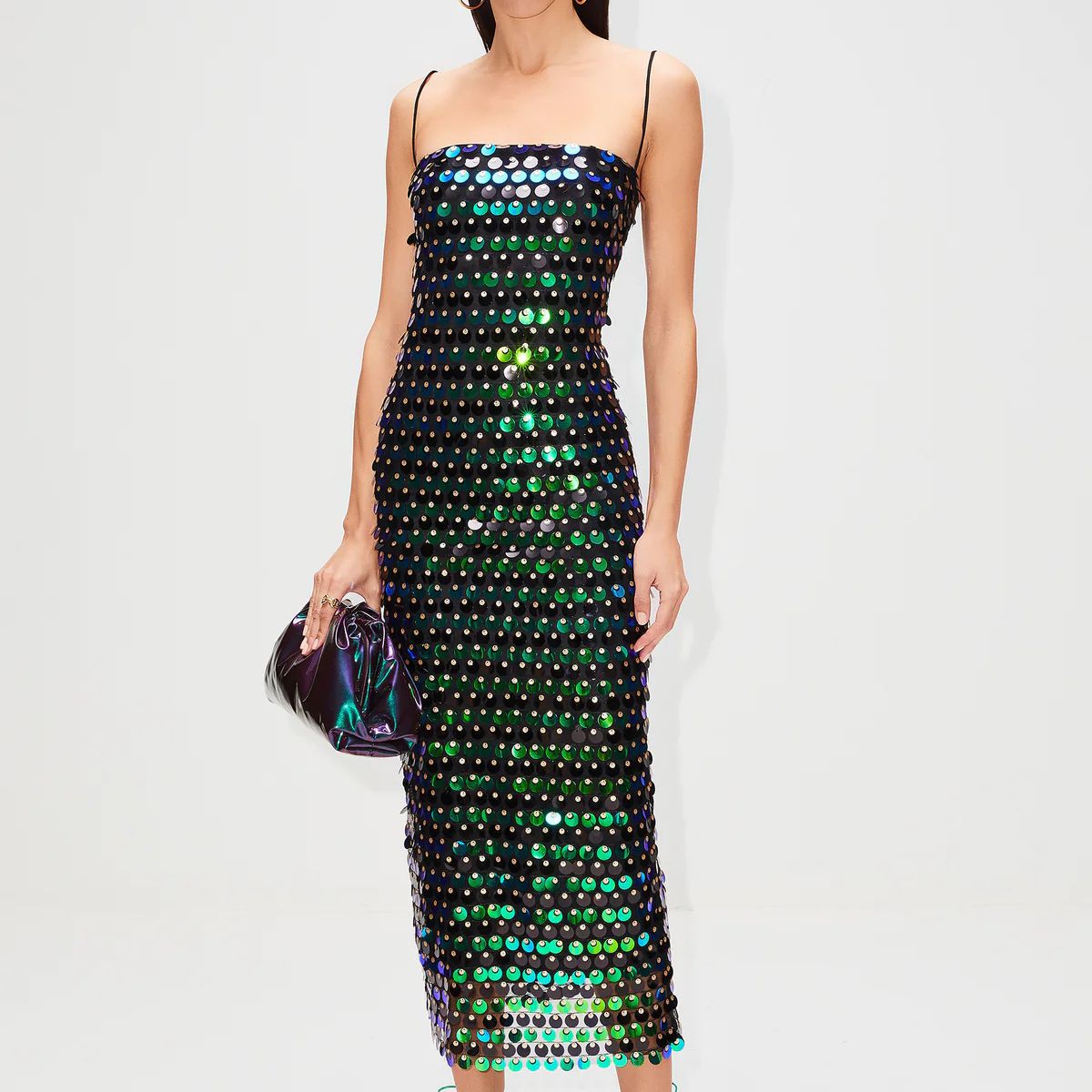 Disc Sequin Spaghetti Strap Square Neck Bodycon Mini Dress