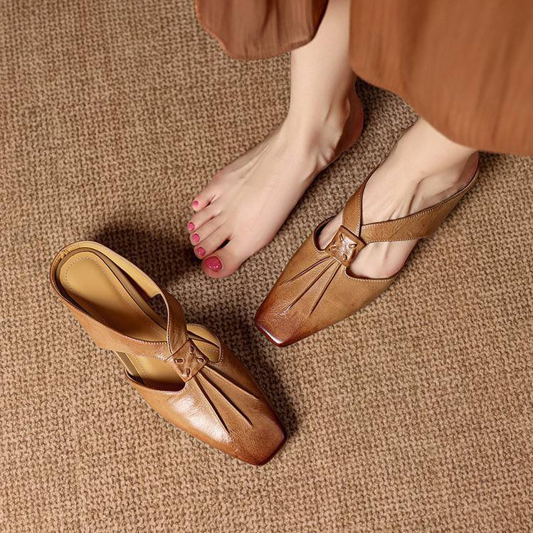 Square Toe Knot Strap Flat Mules