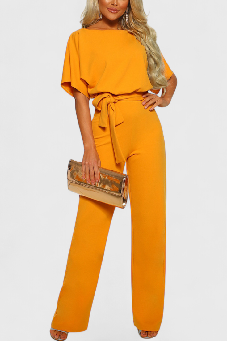 Boat Neck Batwing Sleeve Belted Wide Leg Jumpsuit