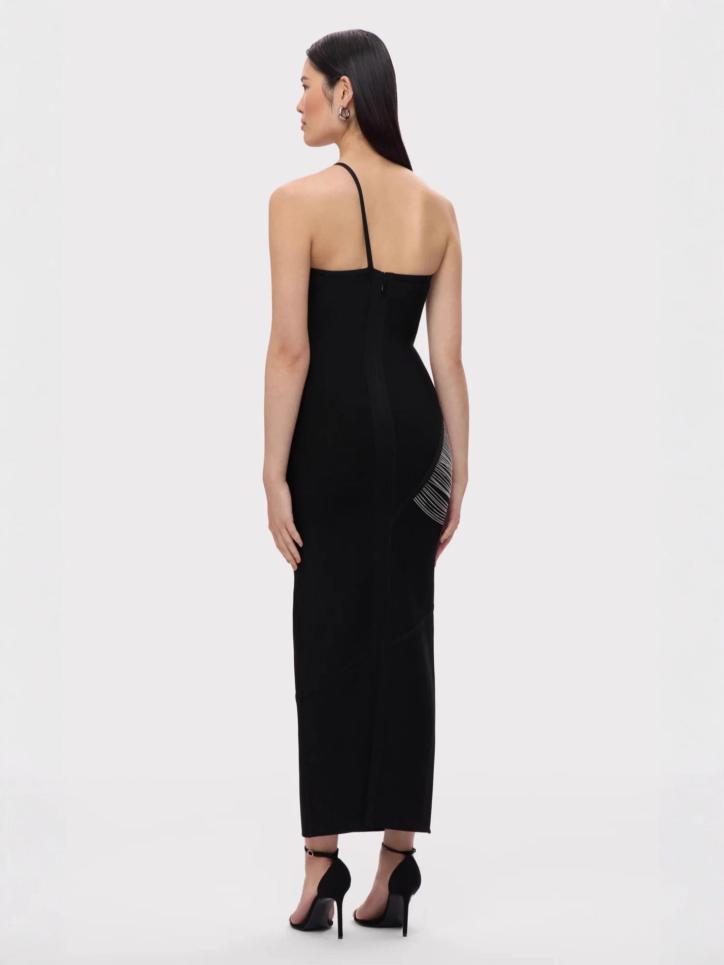 One Shoulder Chain Fringe Bodycon Maxi Dress
