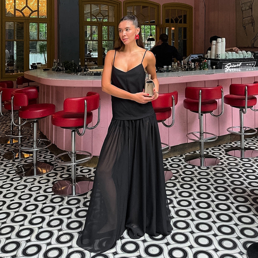 Chiffon V-Neck Spaghetti Strap Flowy Maxi Dress