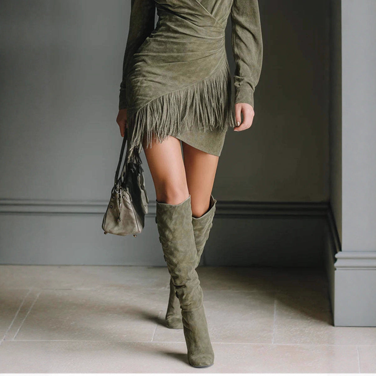 Suede-Look Collared Wrap Front Fringe Hem Long Sleeve Mini Dress 3