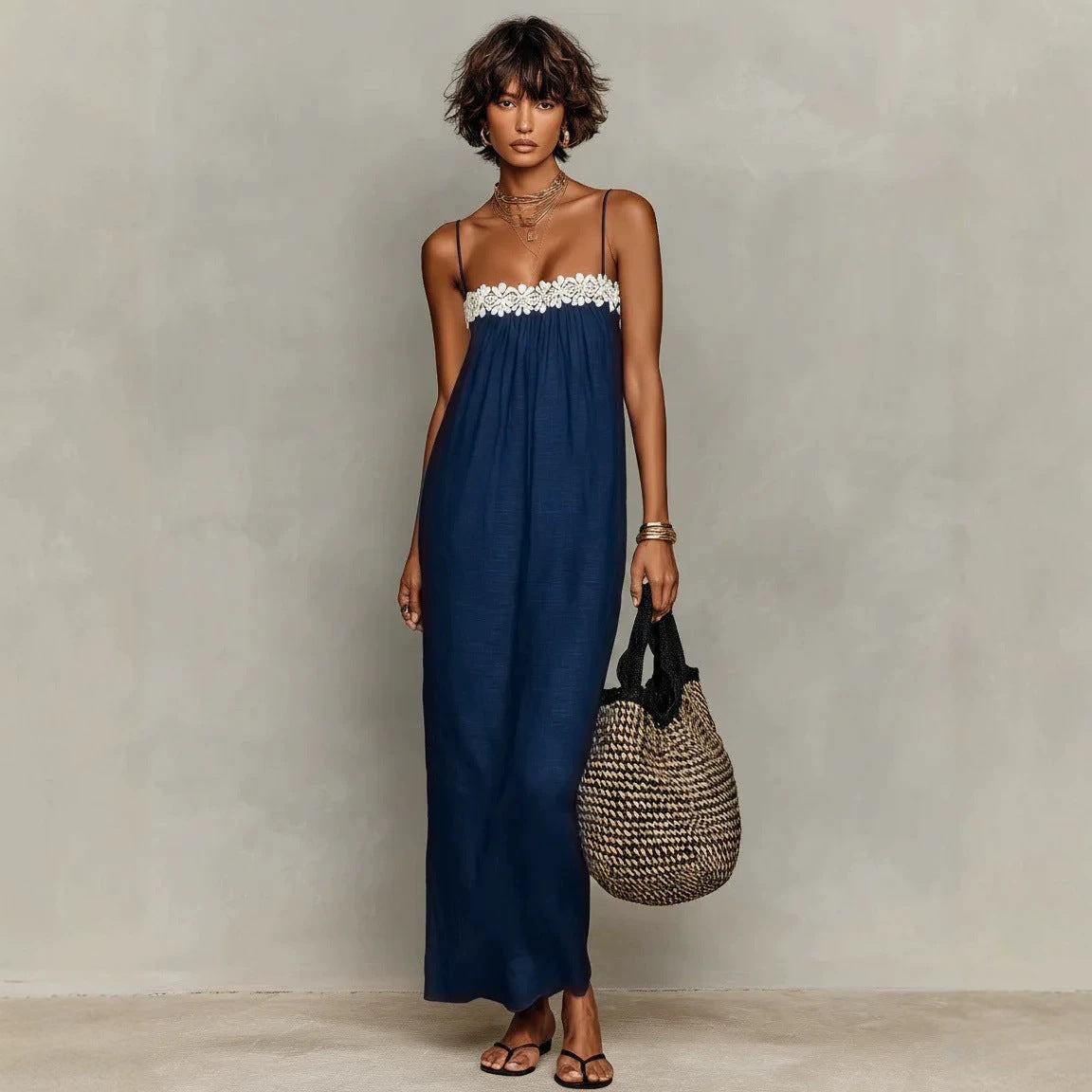 Lace Trim Spaghetti Strap Gathered Bust Straight Maxi Dress