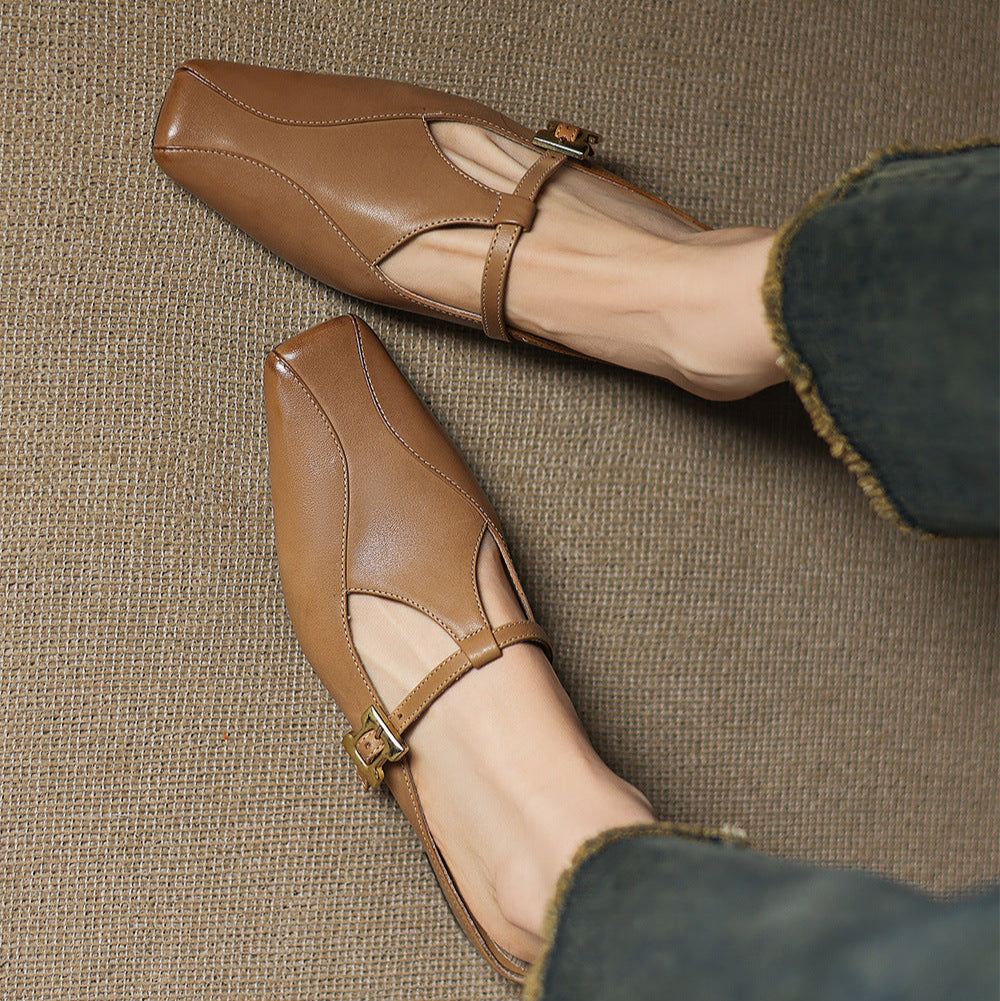 Square Toe Buckle Strap Cut Out Block Heel Mules