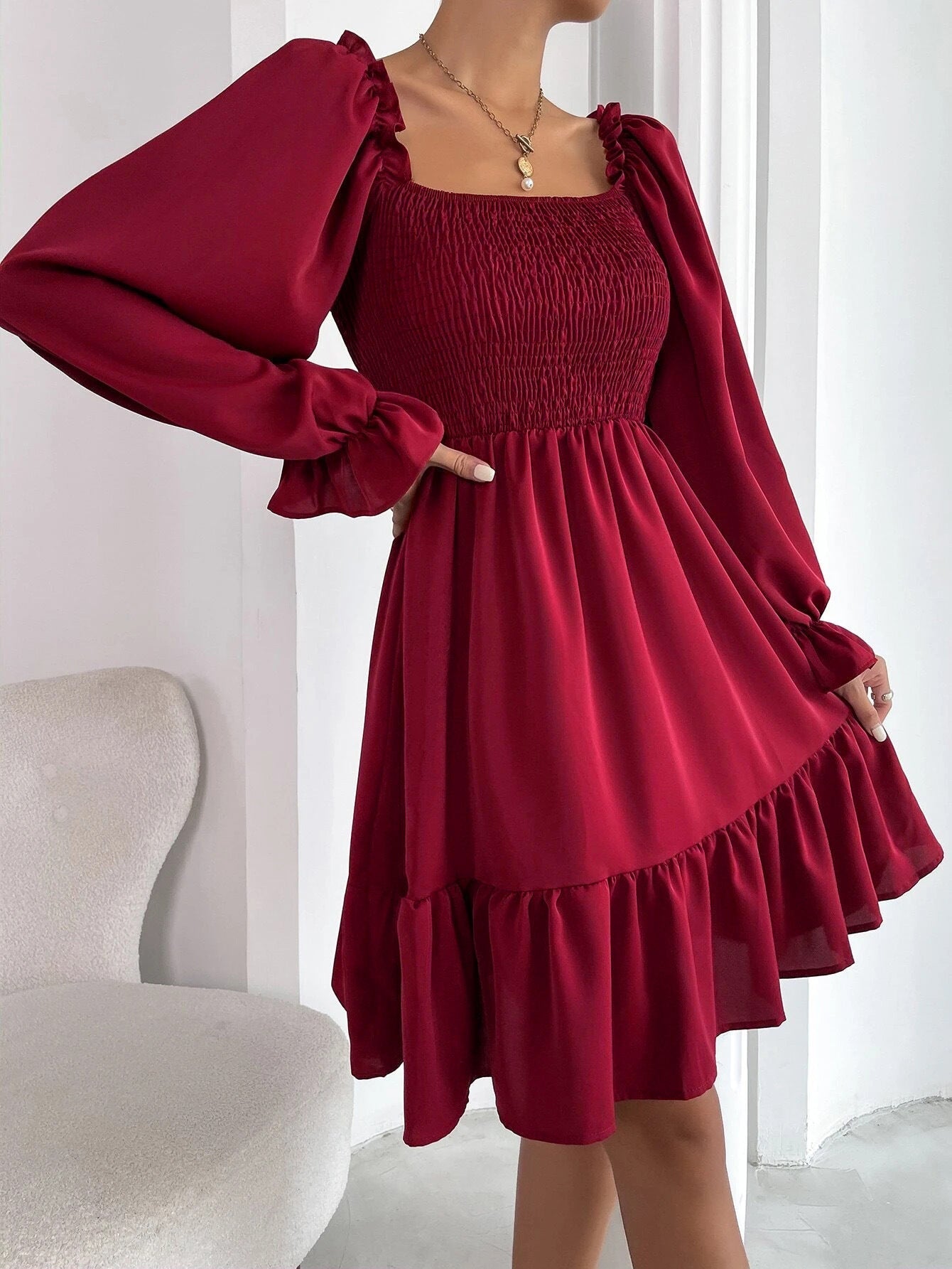 Square Neck Long Sleeve Smocked Tiered Mini Dress 7