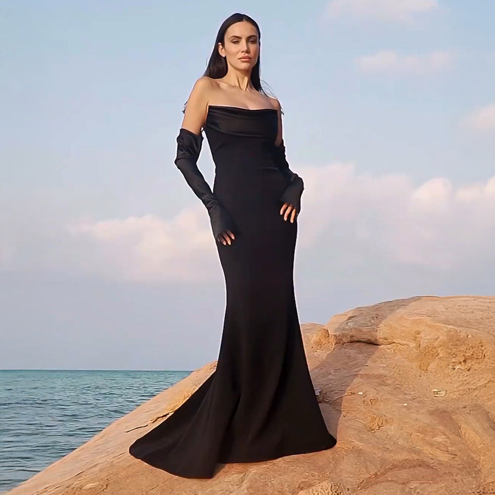 Off Shoulder Long Sleeved Women Dinner Dress Black Waisted Slimming Stretch Dress
