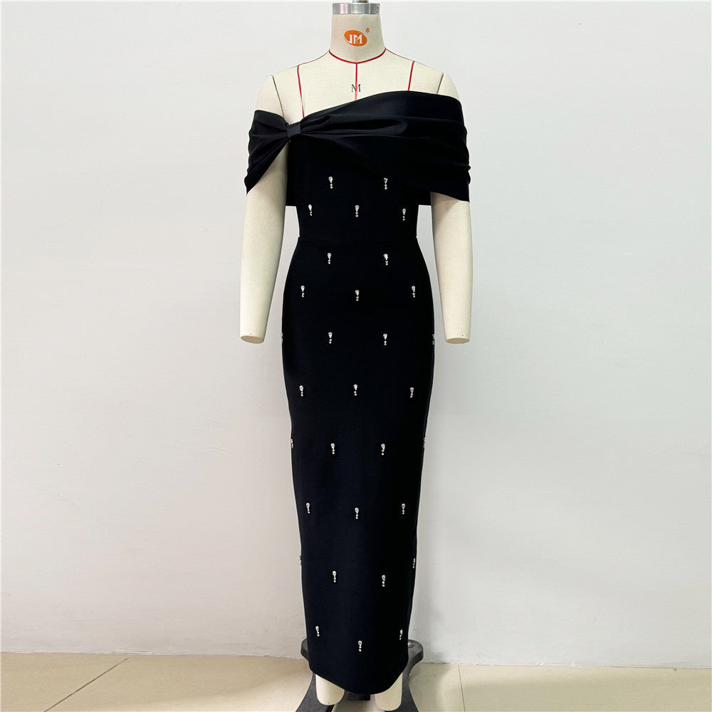 Off Shoulder Sculptural Fold Satin Bodice Beaded Column Maxi Gown
