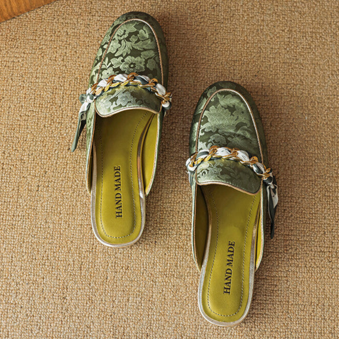 Floral Jacquard Chain Detail Pointed Toe Flat Mules