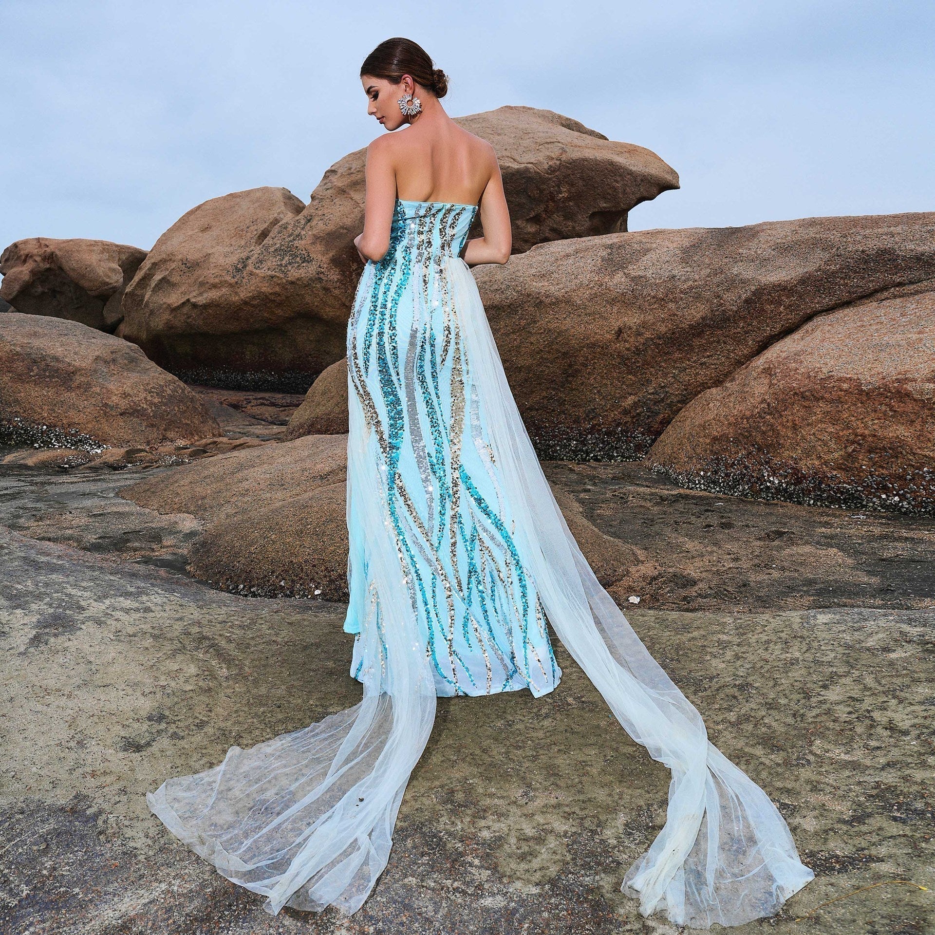 Sequin Strapless Sweetheart High Split Mermaid Evening Gown