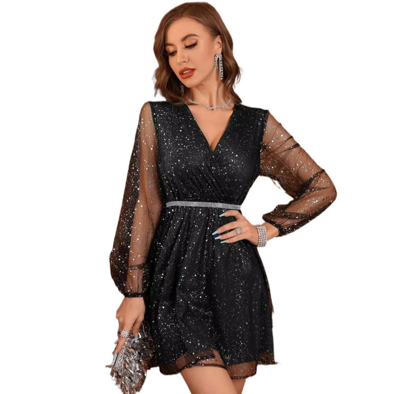 Sequin Mesh Long Sleeve Deep V-Neck Rhinestone Belt Mini Party Dress