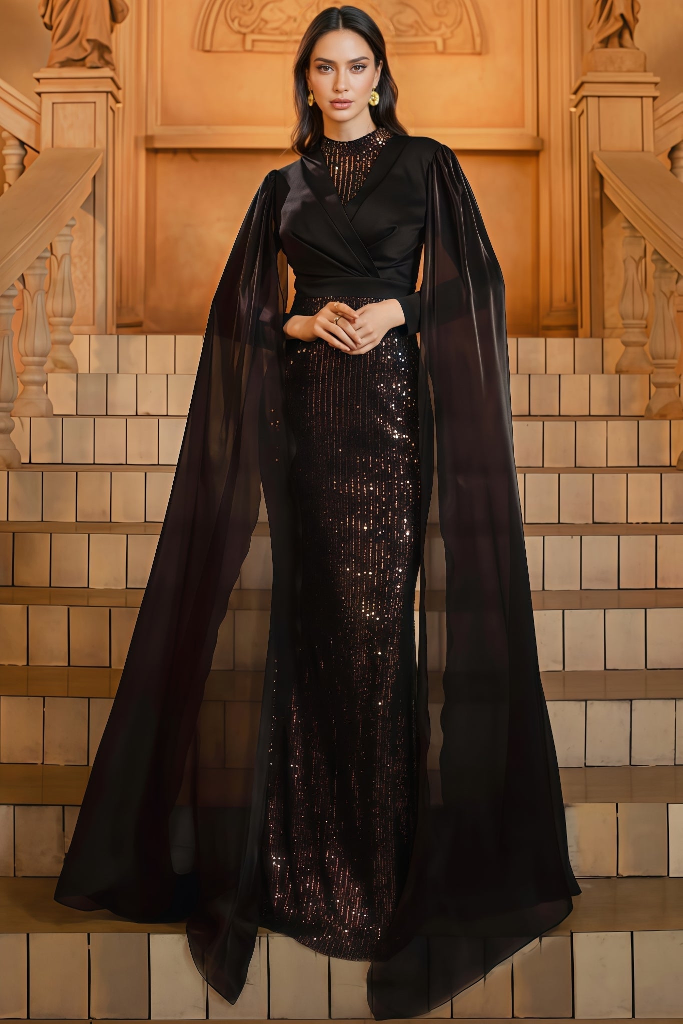 Mirt Black Round Neck Sequin Maxi Dress - View 2