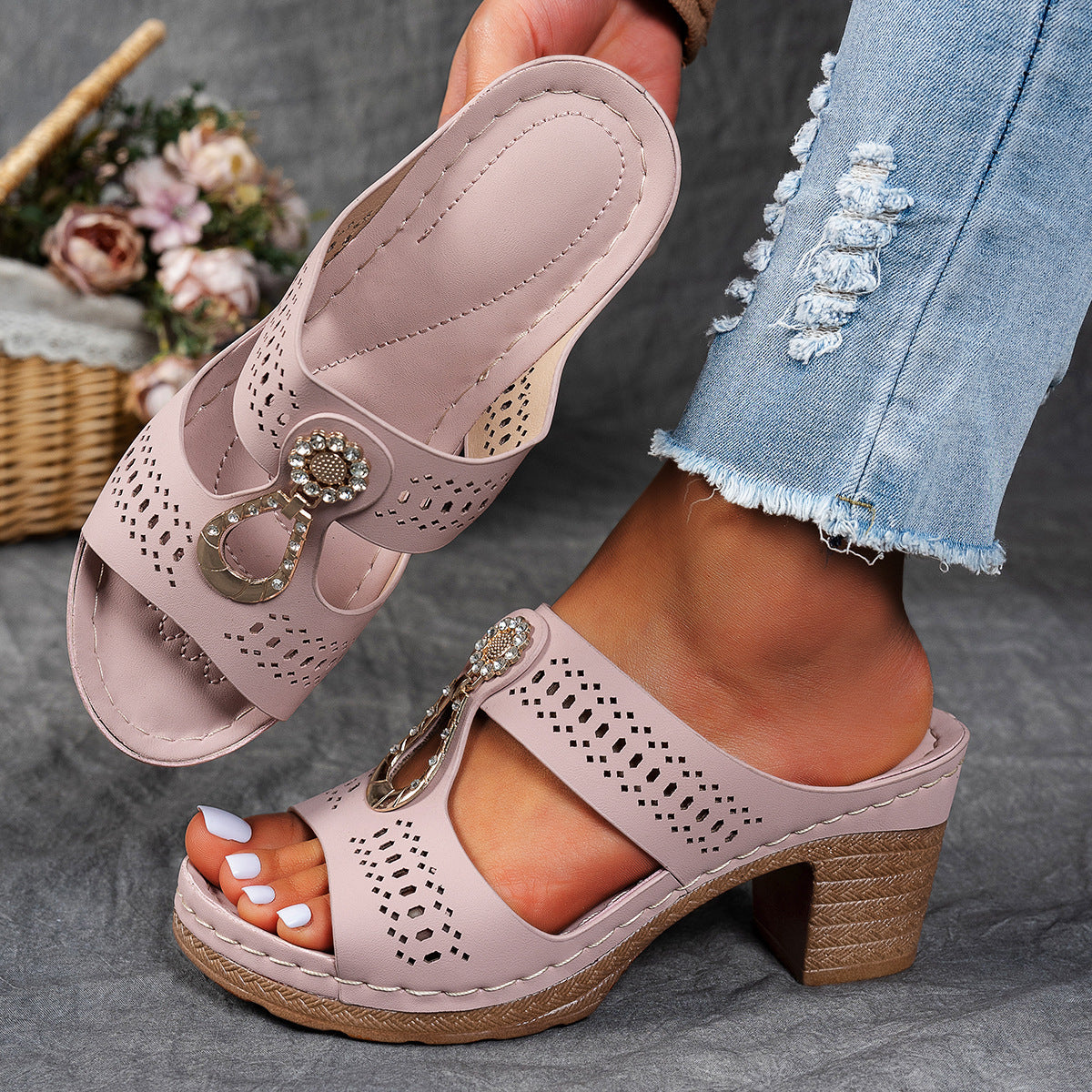 Open Toe Cut Out Embellished Block Heel Platform Slides