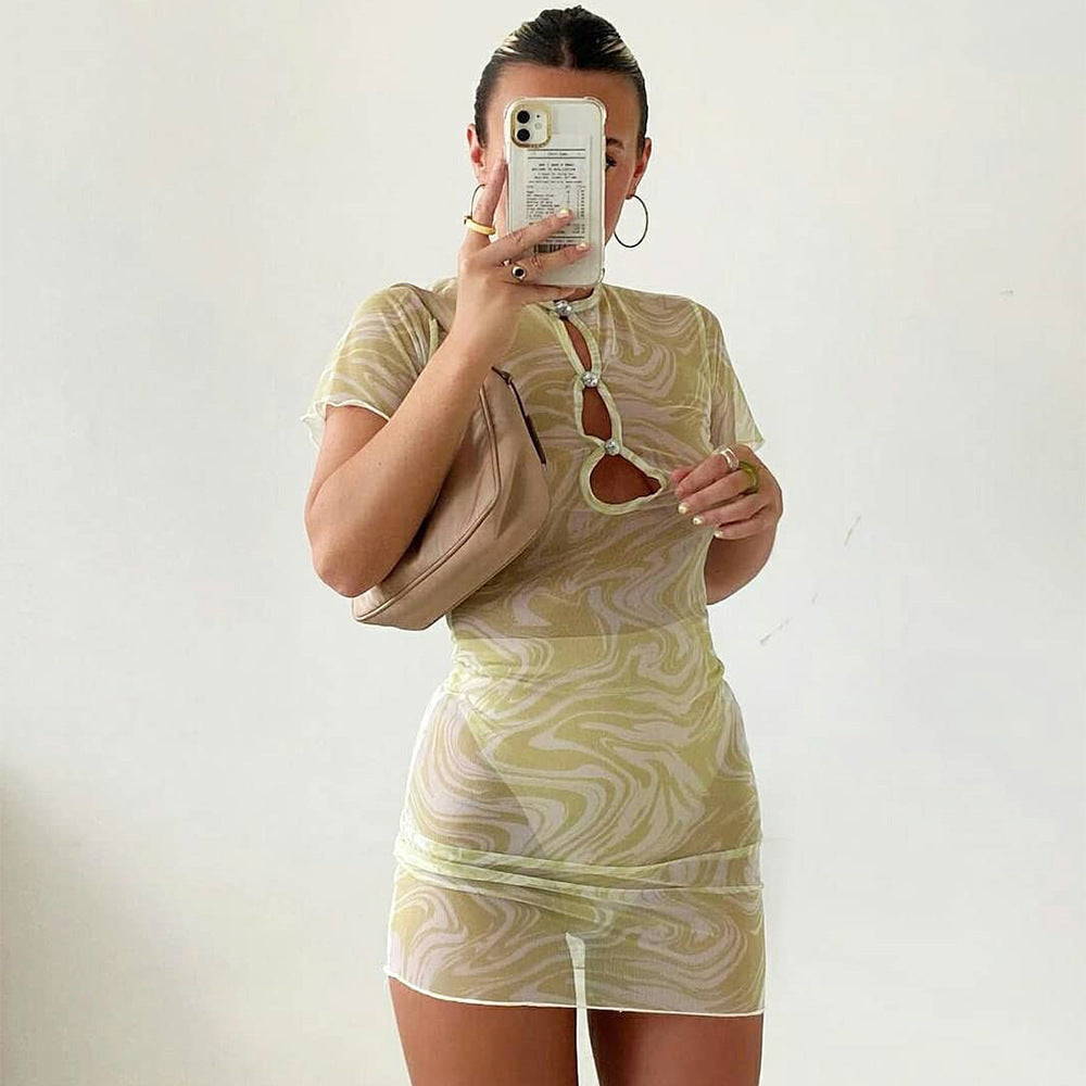 Spring Summer New Sexy Hollow Out Cutout Clinch See-through Dress Women