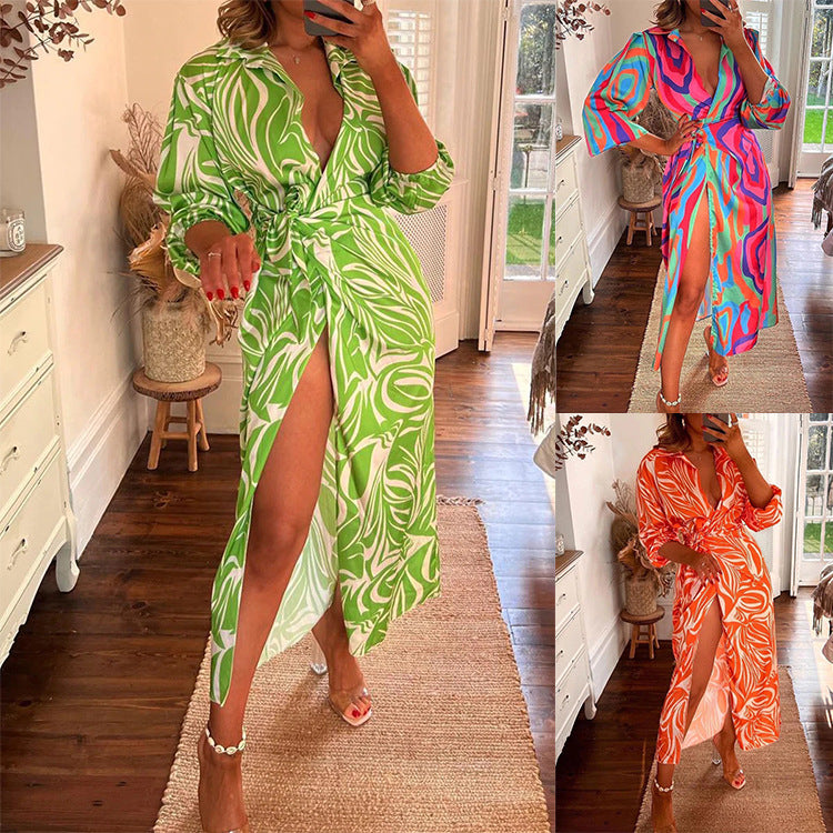 Abstract Print Collared Button Front Tie Waist High Split Maxi Shirt Dress 5