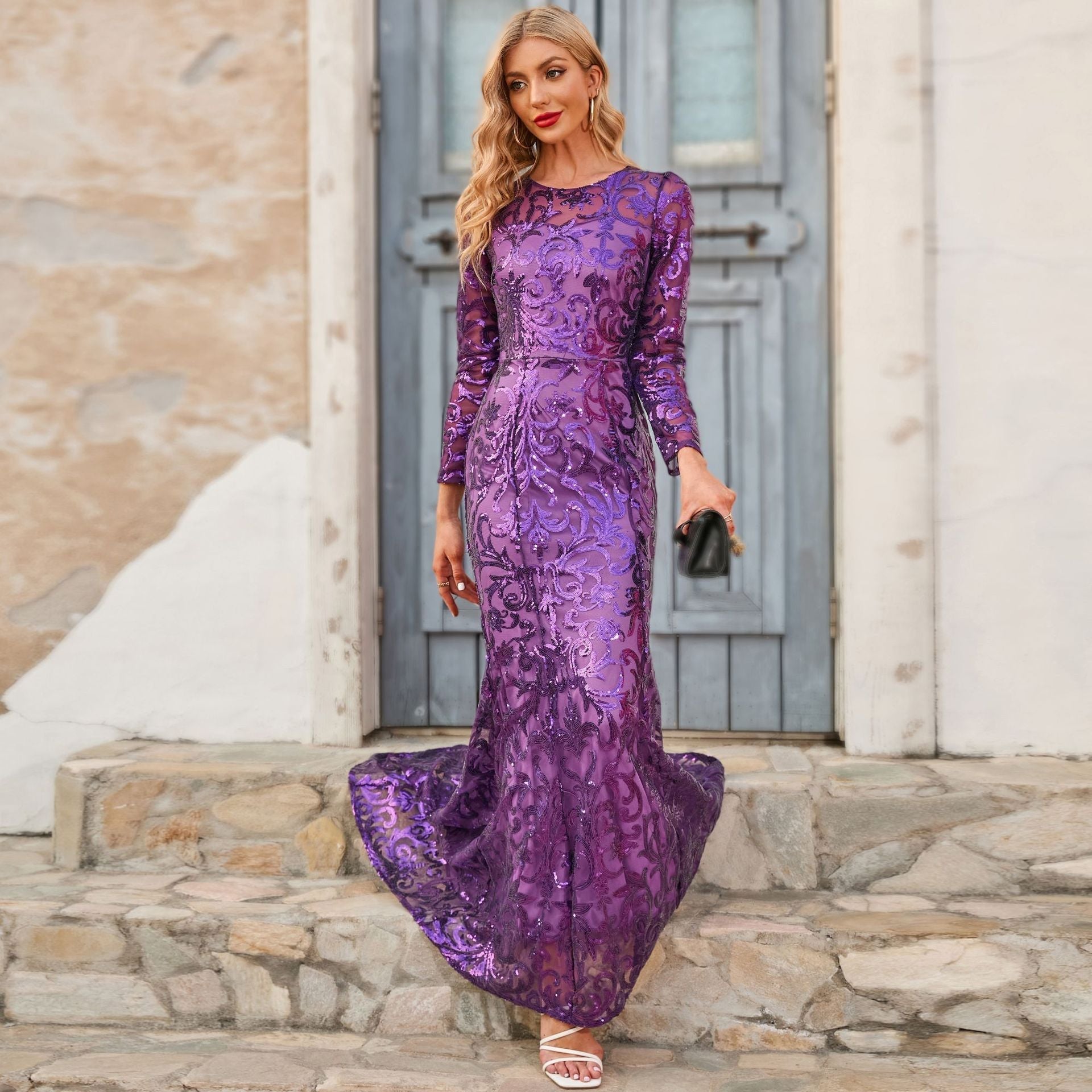 Sequin Round Neck Long Sleeve Mermaid Maxi Gown