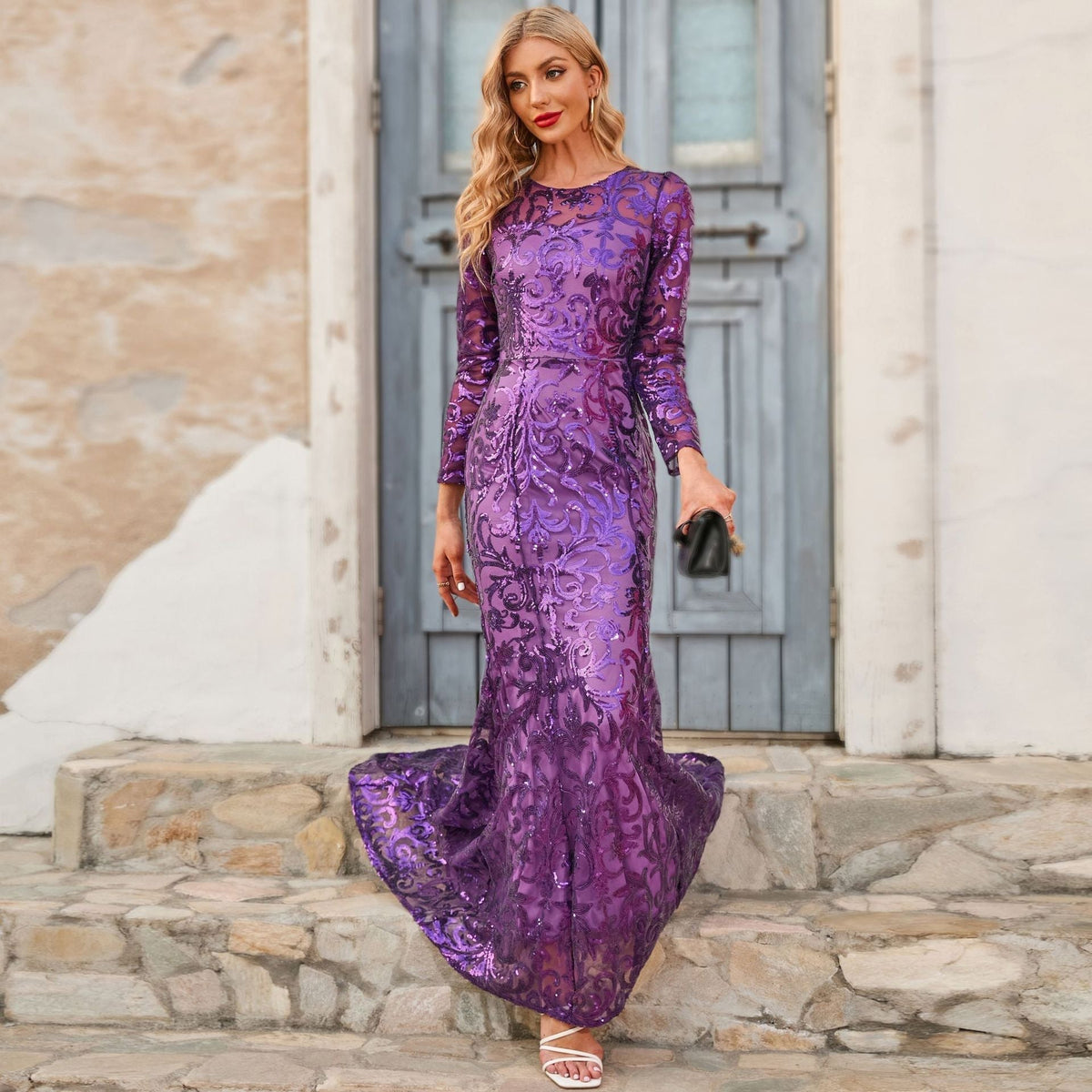 Sequin Round Neck Long Sleeve Mermaid Maxi Gown
