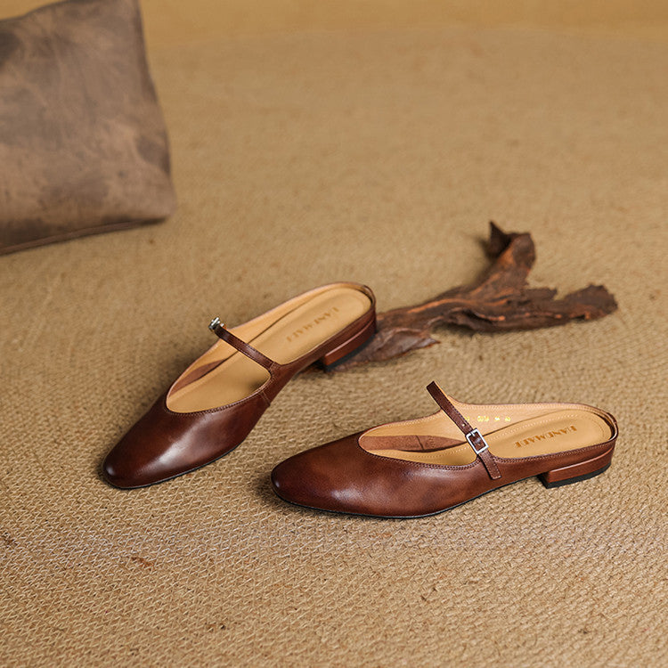 Round Toe Cross Strap Flat Mary Jane Mules