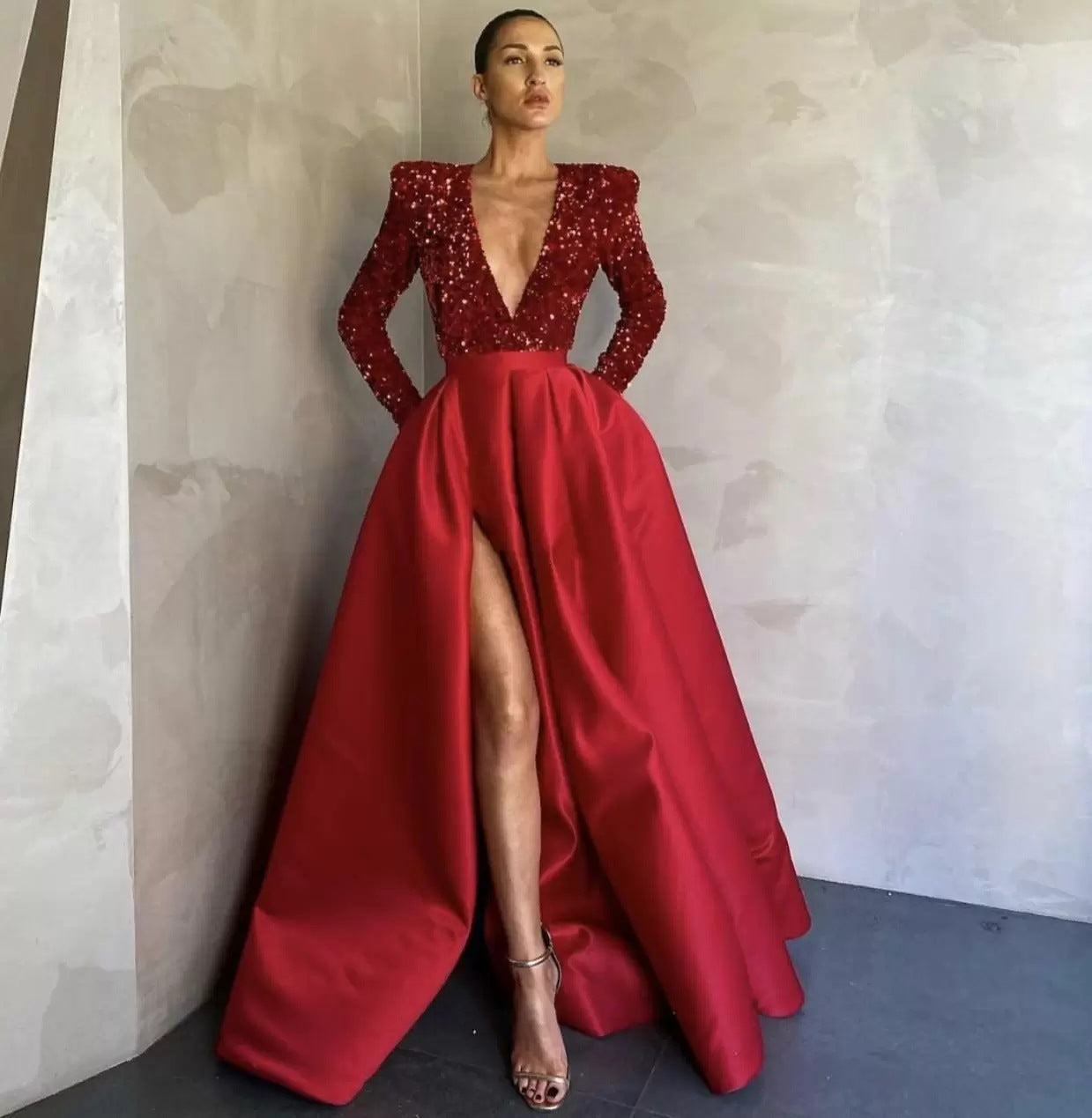 Sequin Deep V-Neck Long Sleeve Satin High Split A-Line Evening Gown