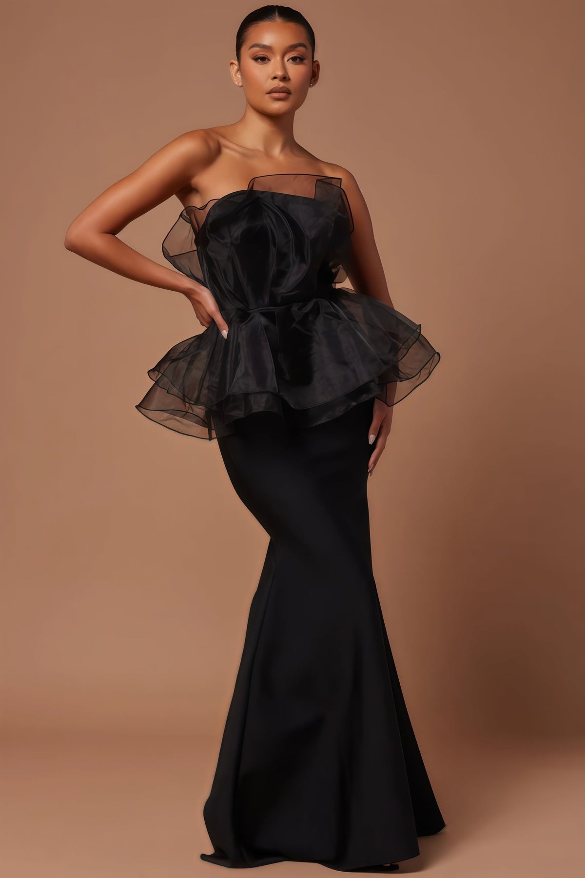 Strapless Organza Ruffle Peplum Mermaid Maxi Gown
