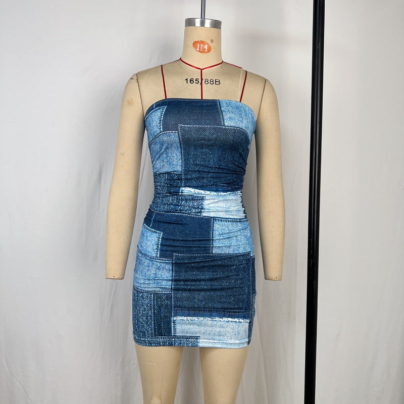 Denim Patchwork Print Strapless Tube Bodycon Mini Dress 5
