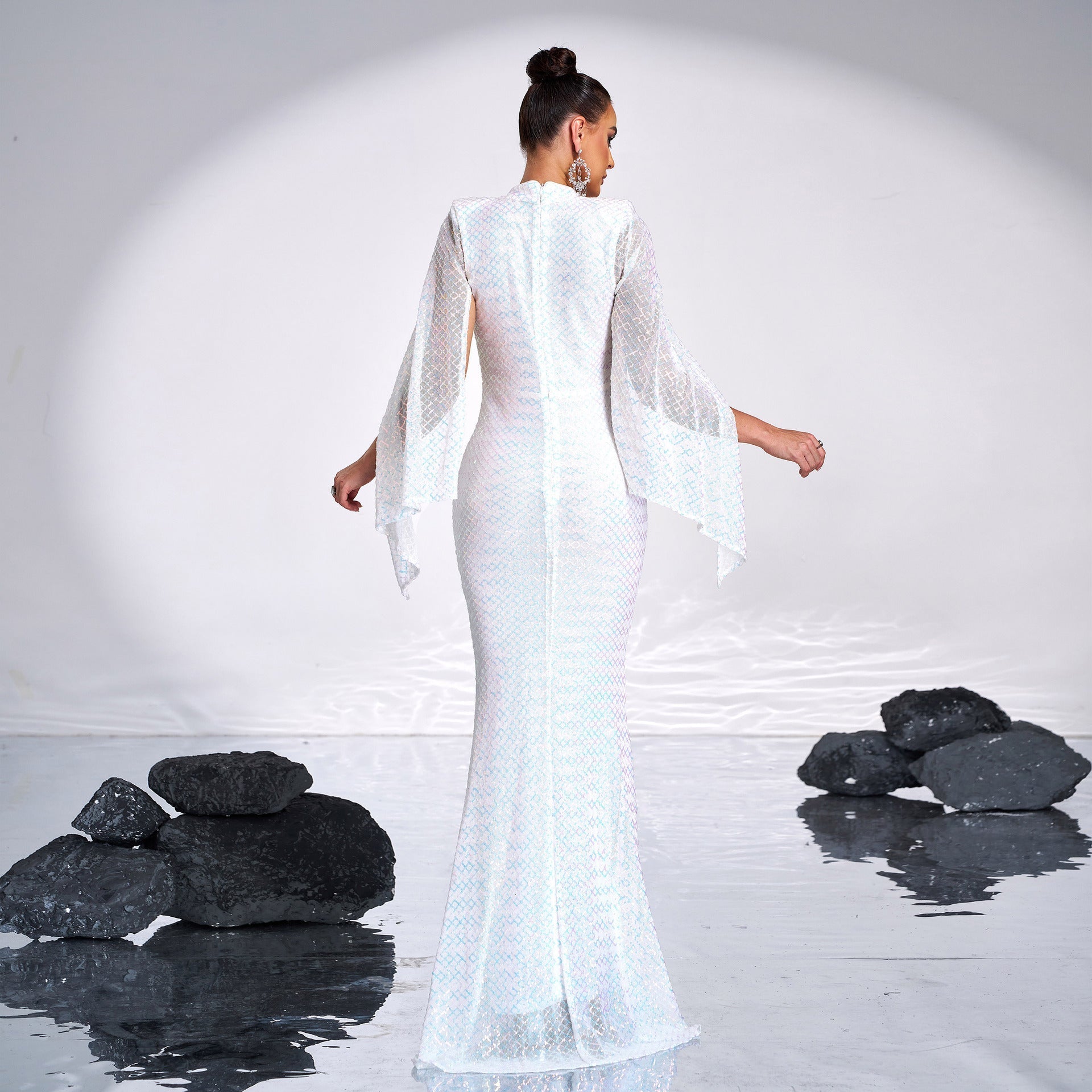 Sequin High Neck Cape Sleeve Mermaid Gown