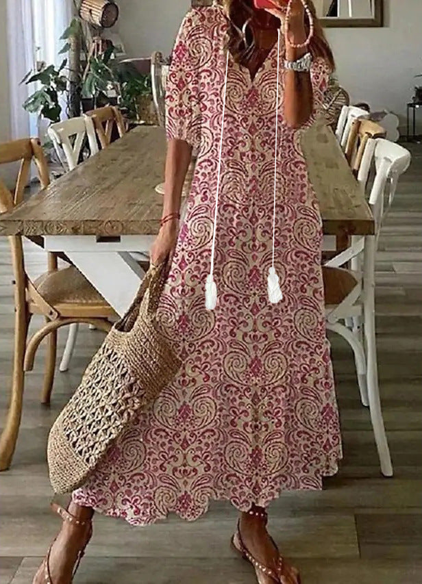 V-Neck Tassel Tie Short Sleeve Tiered Ruffle Hem Maxi Dress