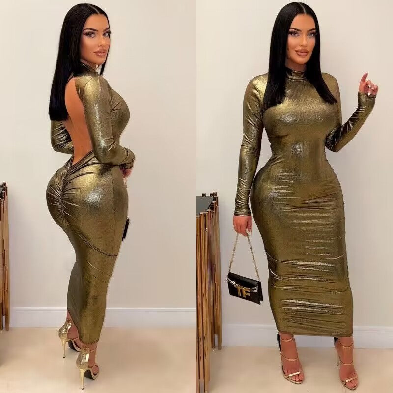 Summer Solid Color Metallic Coated Fabric Round Neck Long Sleeve Narrow Backless Long Glossy Dress