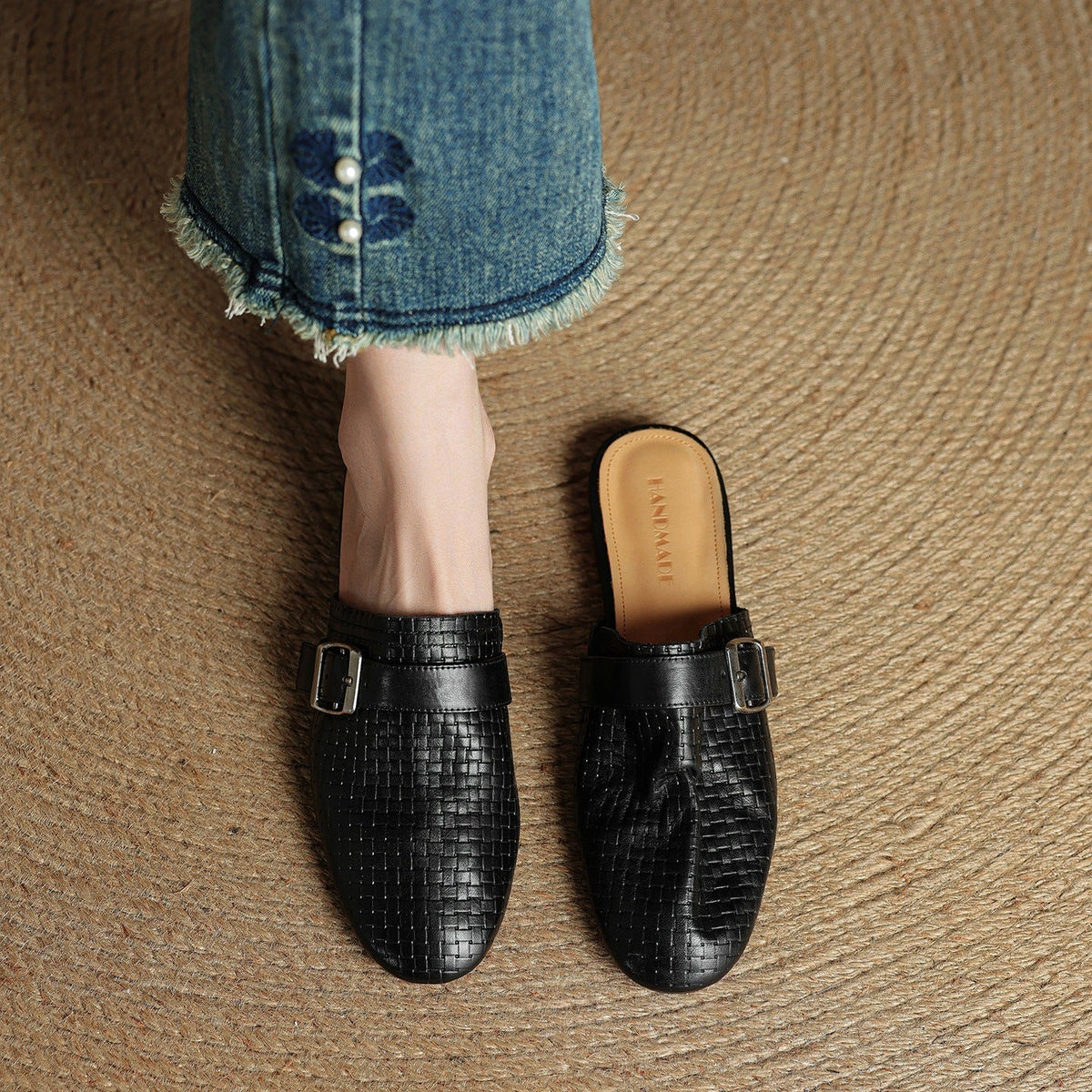 Croc Print Square Toe Buckle Flat Mules