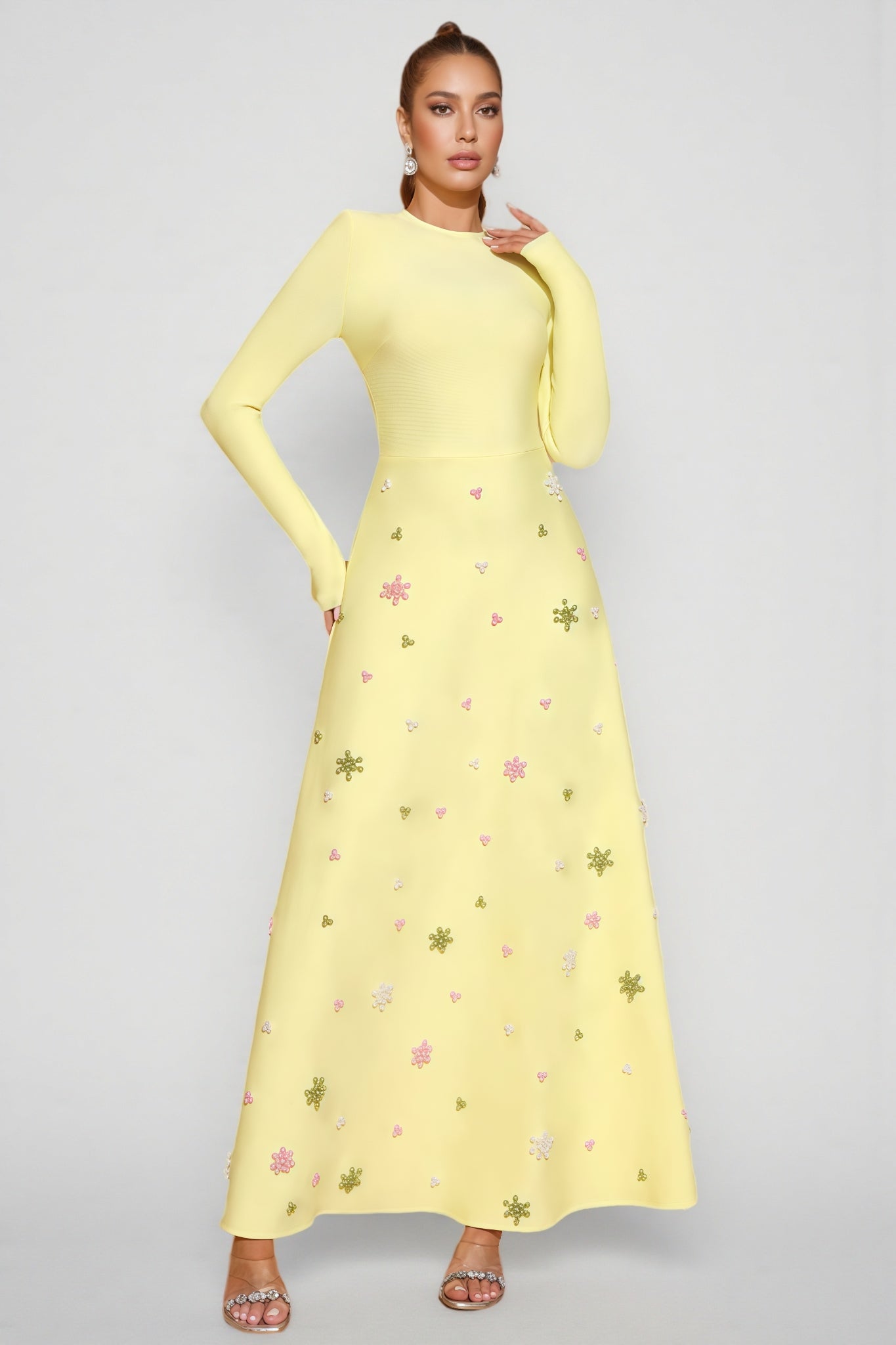 Long Sleeve Crew Neck Beaded Floral Applique A-Line Maxi Gown