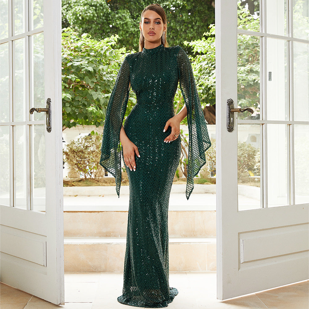 Sequin High Neck Cape Sleeve Mermaid Gown