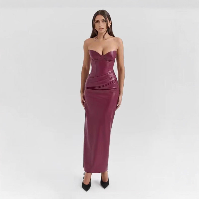 Leather Tube Top Dress Attractive Lace up Slit Sheath Maxi Dress Evening Dress