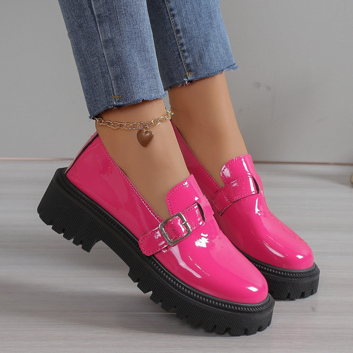 Round toe square heel candy pink leather shoes