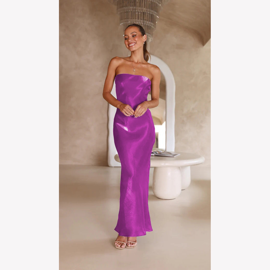 Strapless Bandeau Satin Column Bodycon Maxi Dress