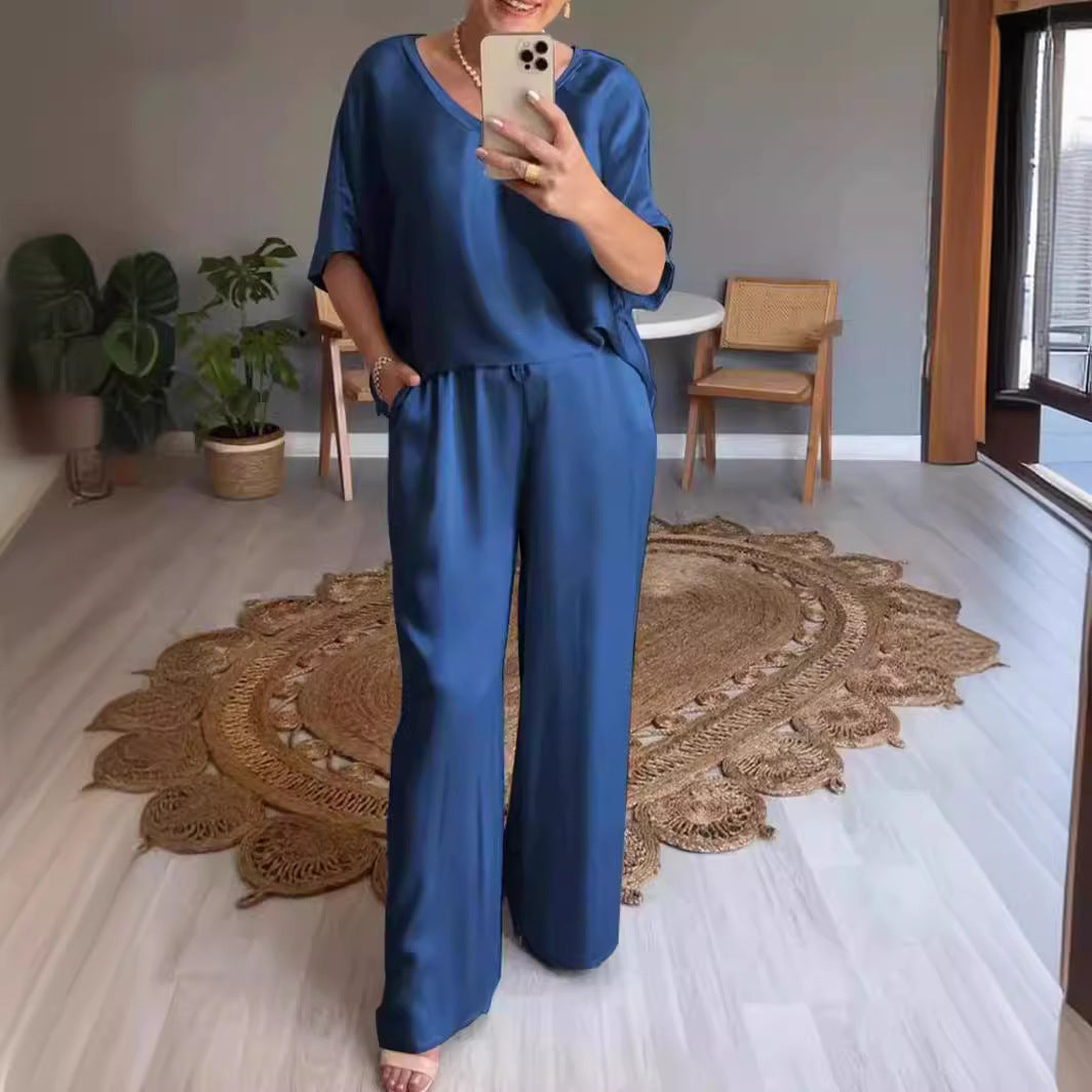 Deep V-Neck Short Sleeve Oversized Wide Leg Two-Piece Set