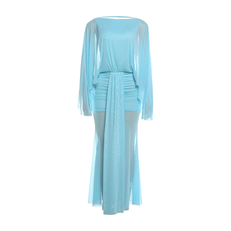Sheer Mesh Cape Sleeve Boat Neck Column Maxi Dress 5