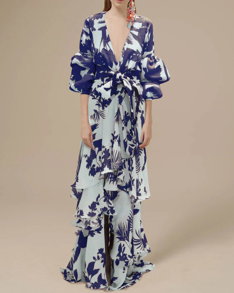 Deep V-Neck Balloon Sleeve Tie Waist Tiered Tropical Print Chiffon Maxi Dress