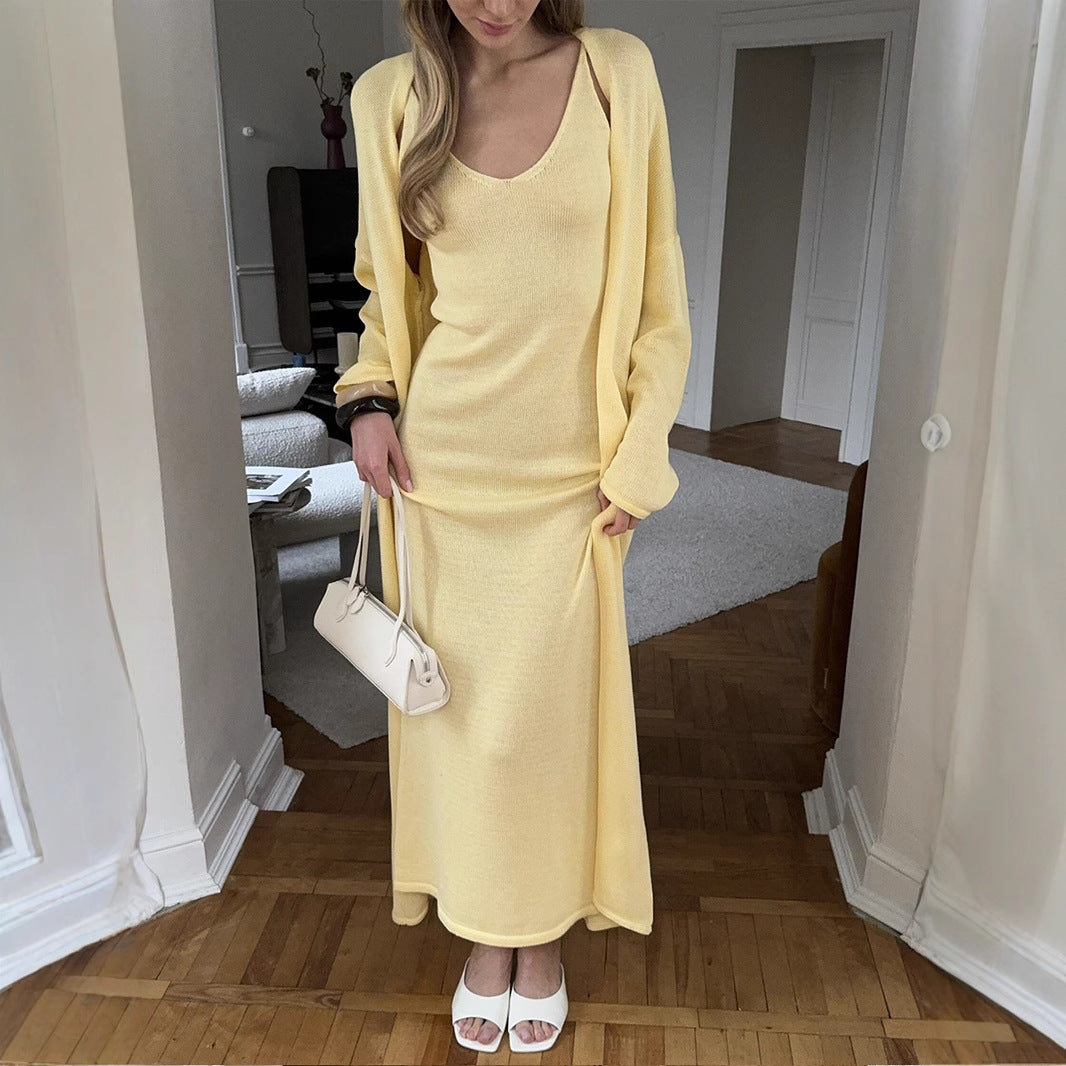 Knit Scoop Neck Cami Maxi Dress and Long Cardigan Two Piece Set