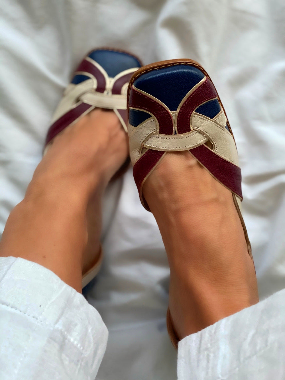 Multicolor patchwork Mid-heel Square toe side ditch Sandals