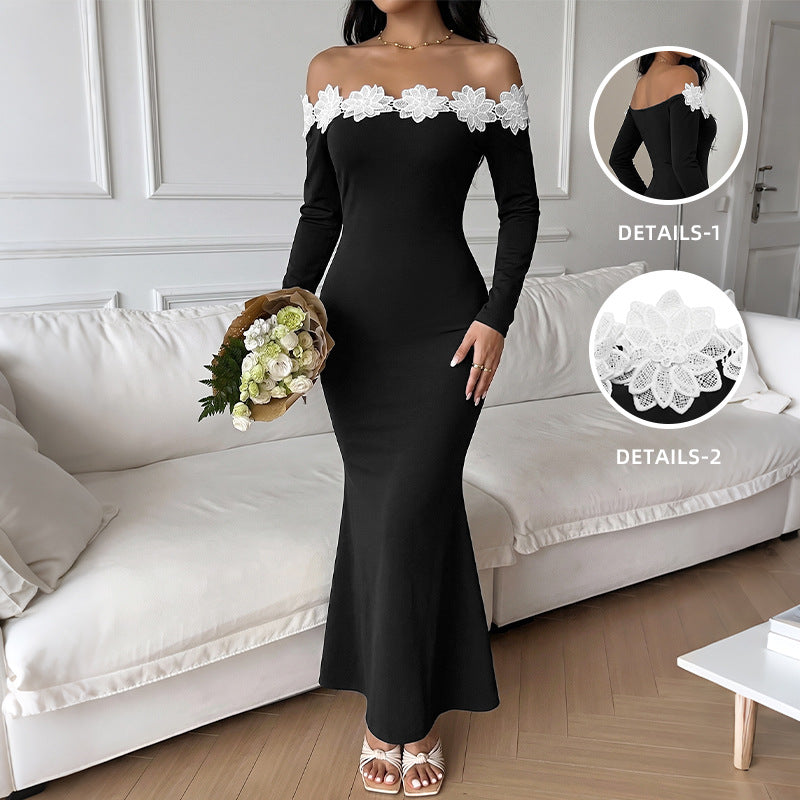 Elegant Lightly Mature Three Dimensional Floral Stitching off Neck Long Sleeve Dress
