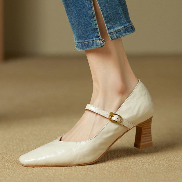 Buckle Strap Square Toe Block Heel Mary Jane Pumps