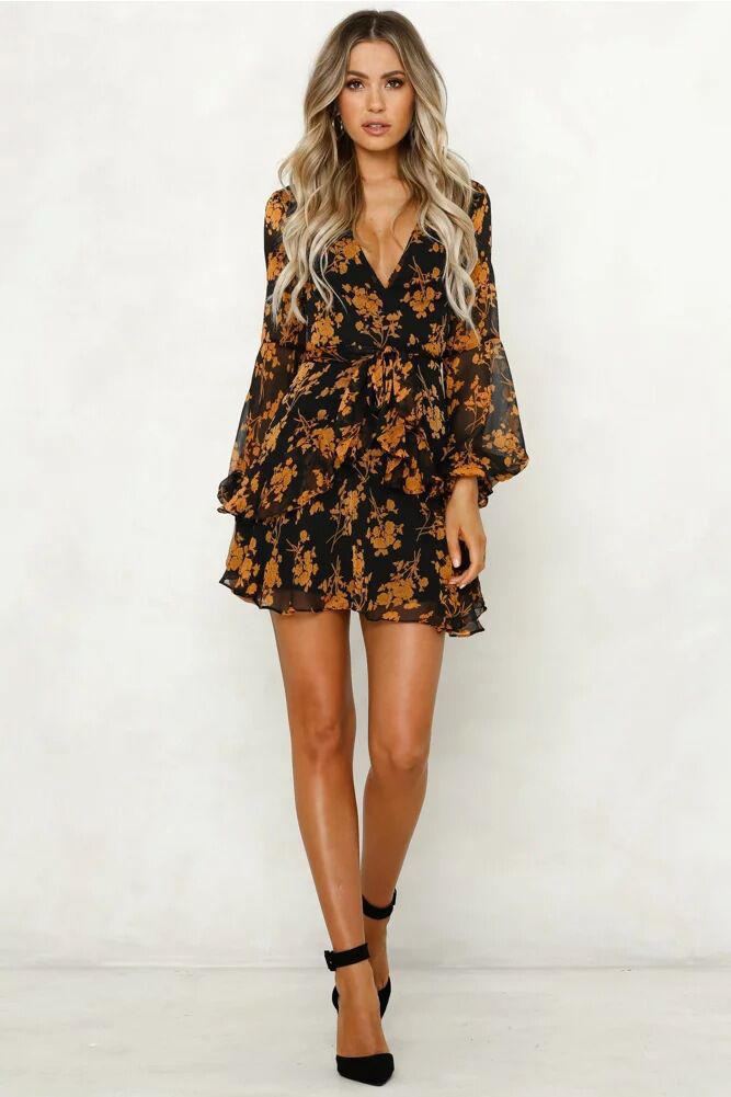 Floral Chiffon Deep V-Neck Short Sleeve Tiered Ruffle Mini Dress