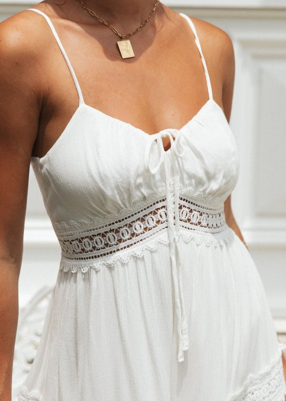 Aurelia Lace-Trim Maxi Dress White Smocked Sundress with Adjustable Straps
