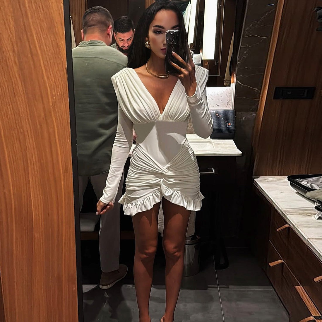 Deep V-Neck Long Sleeve Ruched Twist Front Ruffle Hem Mini Dress 3