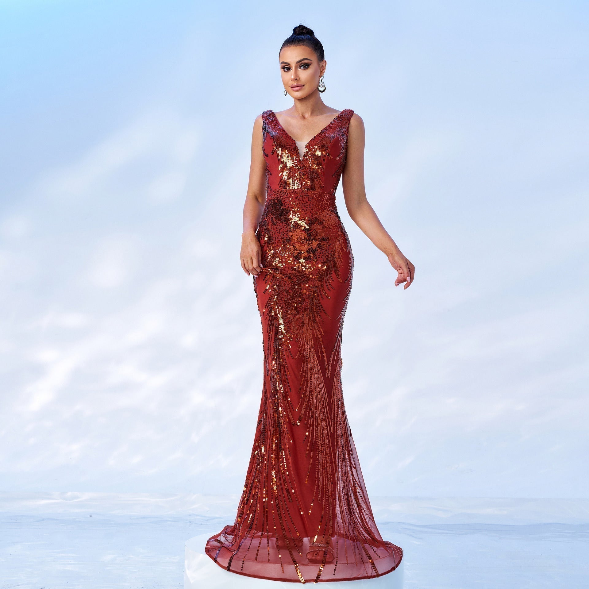 Sequin Deep V-Neck Sleeveless Beaded Mermaid Maxi Dress