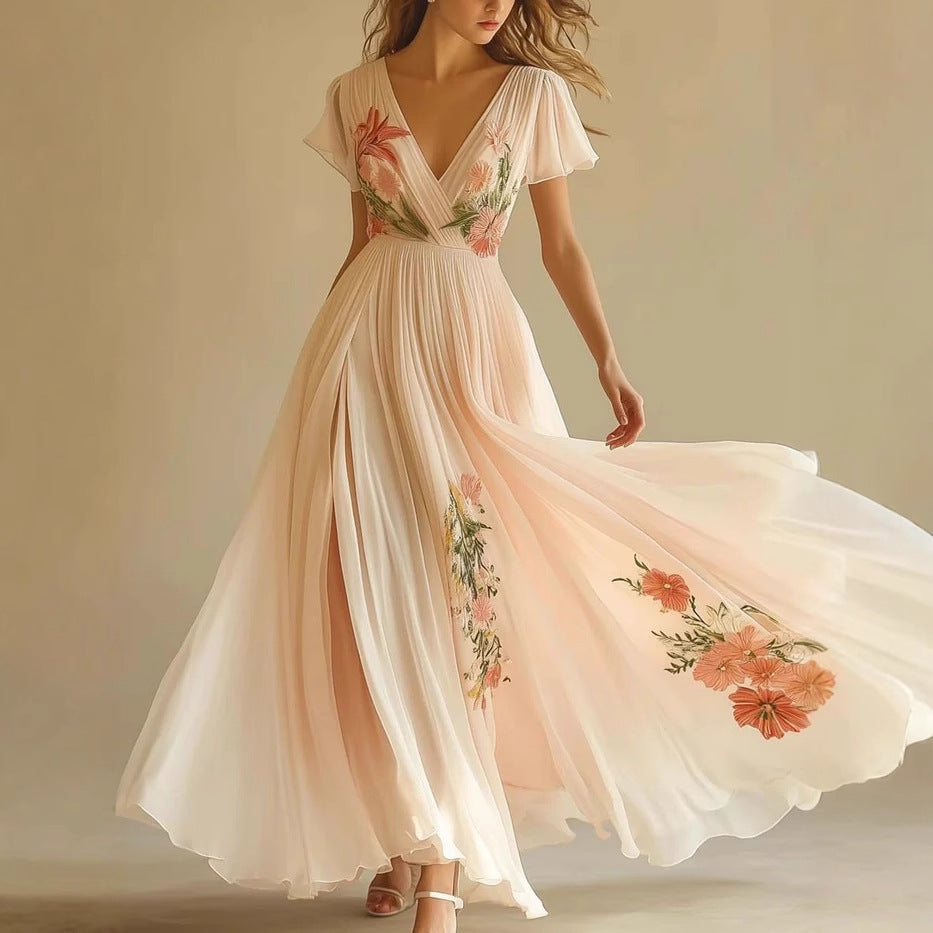 Floral Embroidered Chiffon V-Neck Short Sleeve High Split Maxi Dress