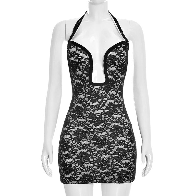 Lace Halter Neck Plunge Cut Out Bodycon Mini Dress 5